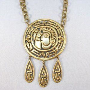 Vintage Signed Tortolani Gold Plated Mayan Design Pendant Necklace